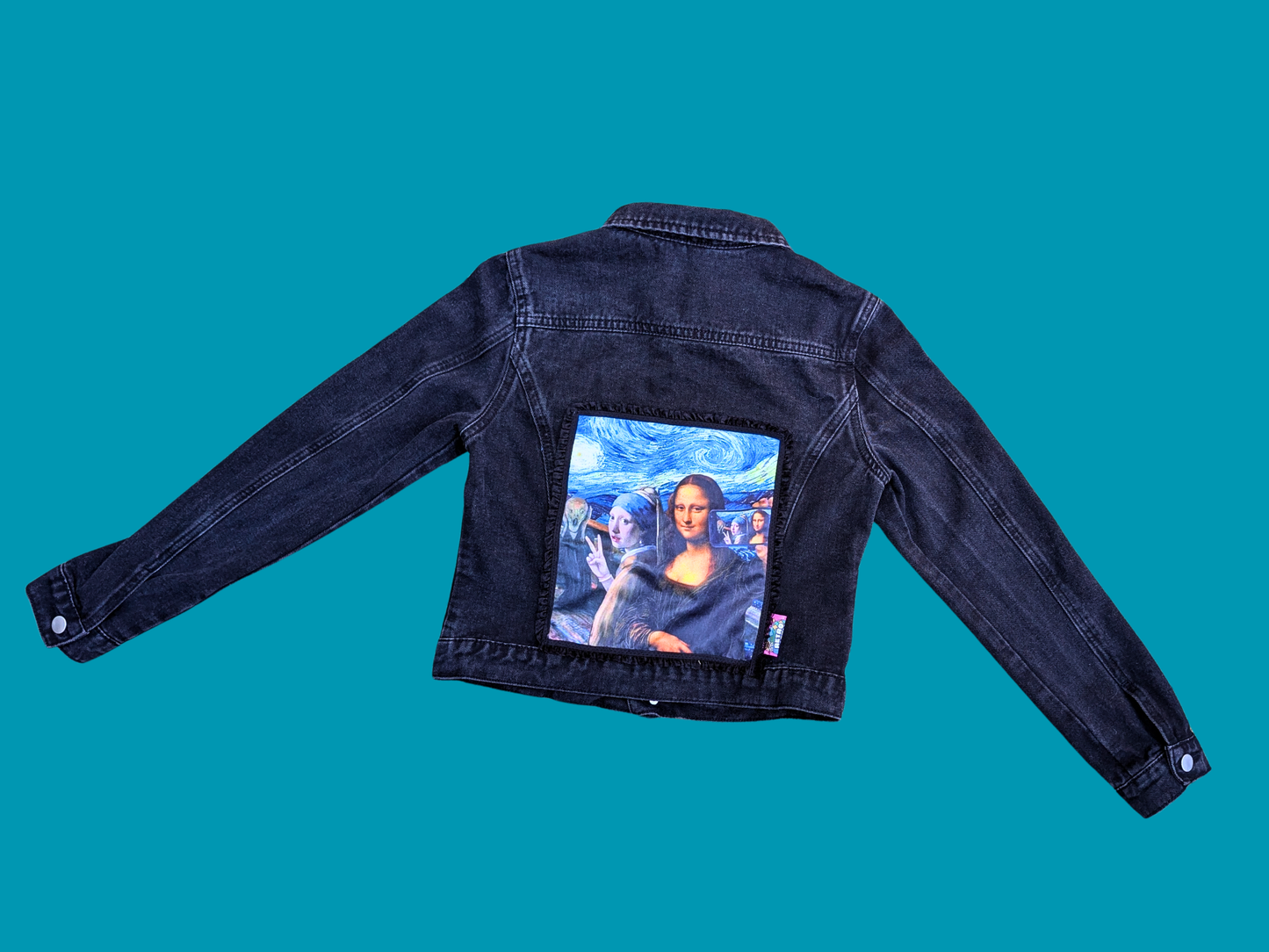 Handmade, Upcycled The Girl with the Pearl Earring and the Mona Lisa Patch Black Jacket Size XS