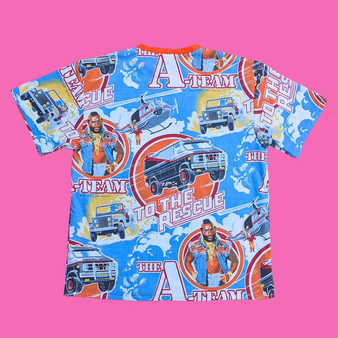 Handmade, Upcycled The A-Team Bedsheet T-Shirt Oversized S-M, Fitted L-XL