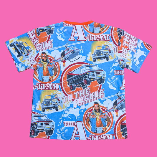 Handmade, Upcycled The A-Team Bedsheet T-Shirt Oversized S-M, Fitted L-XL