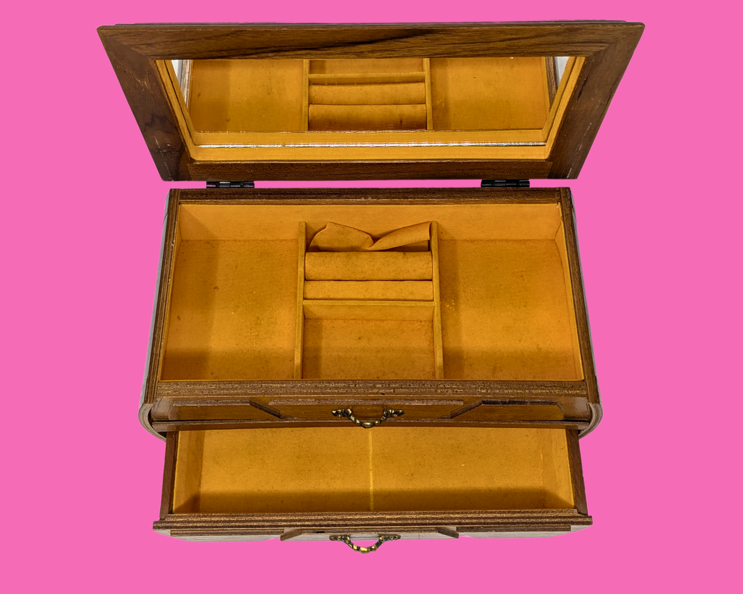 Coffret à bijoux en bois vintage des années 1970 avec miroir