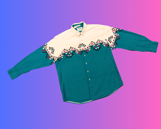 Vintage 1990's Aztec Cow-Boy Roper Border Shirt Size XL