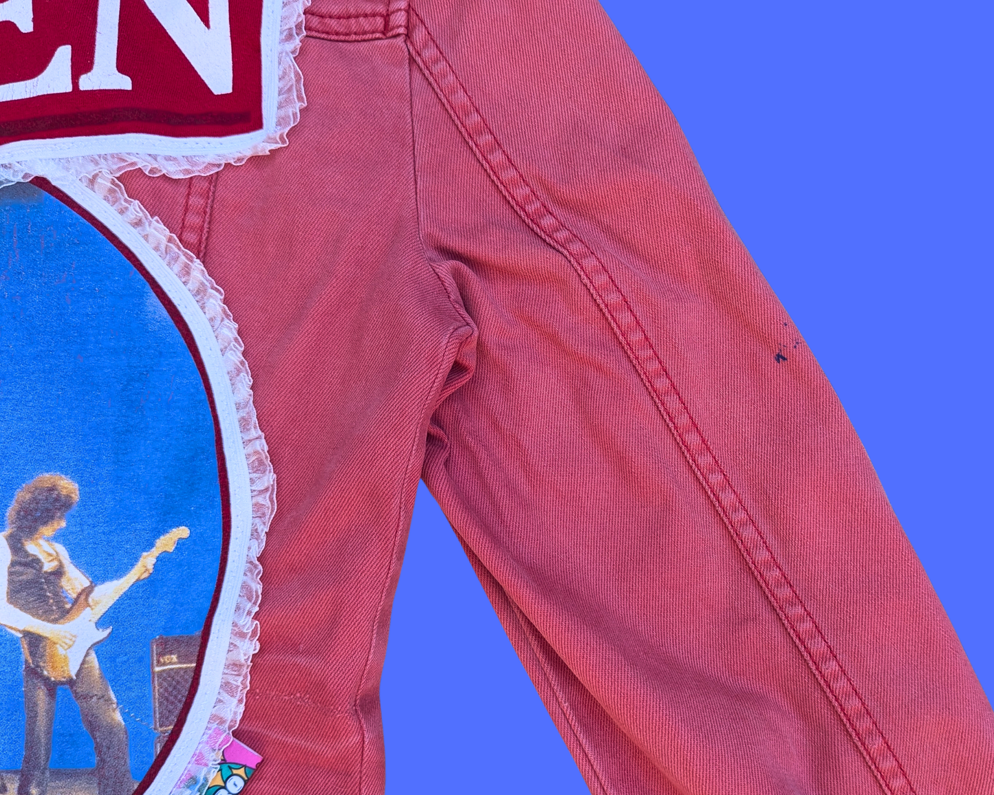 Handmade, Upcycled Queen Another One Bites The Dust Red Denim Jacket Size S (EU 36)