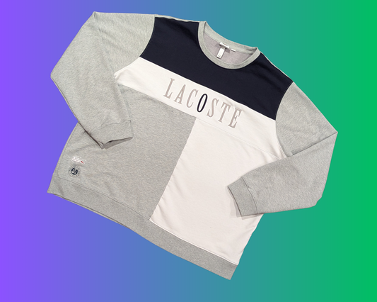 Pull ras du cou gris et blanc Lacoste Made for Roland Garros des années 2000, taille 4XL