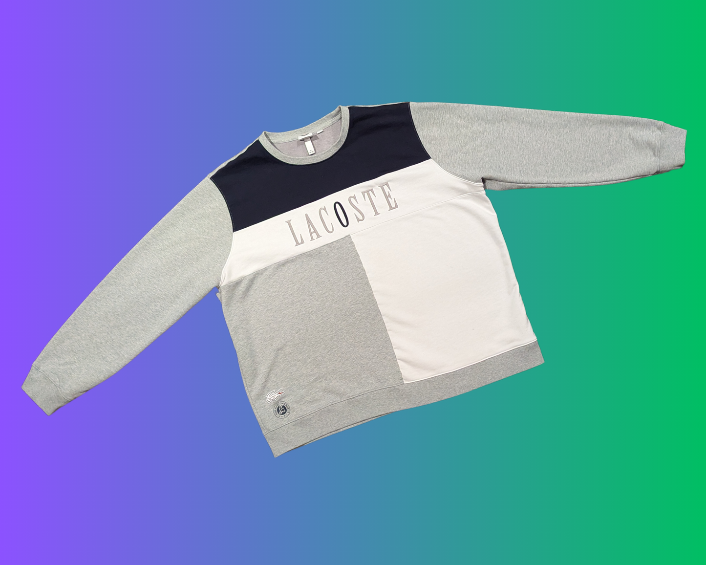 Pull ras du cou gris et blanc Lacoste Made for Roland Garros des années 2000, taille 4XL