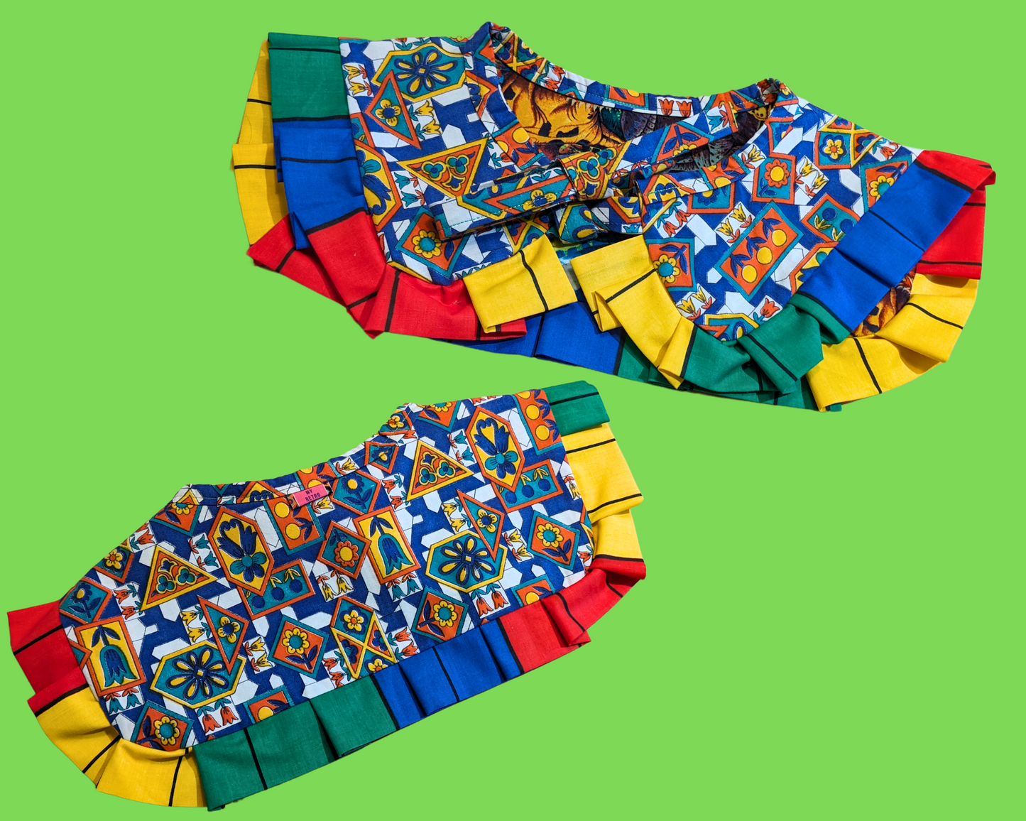 Rideaux réversibles à motif dinosaures, faits à la main et recyclés, col marin avec volants