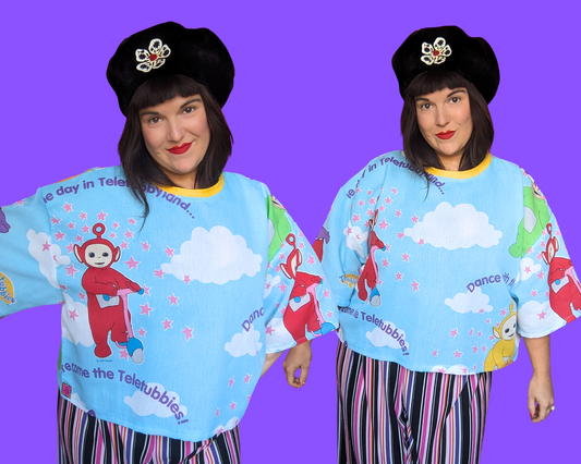 Haut court en drap de lit Teletubbies fait main et recyclé, taille S à XL