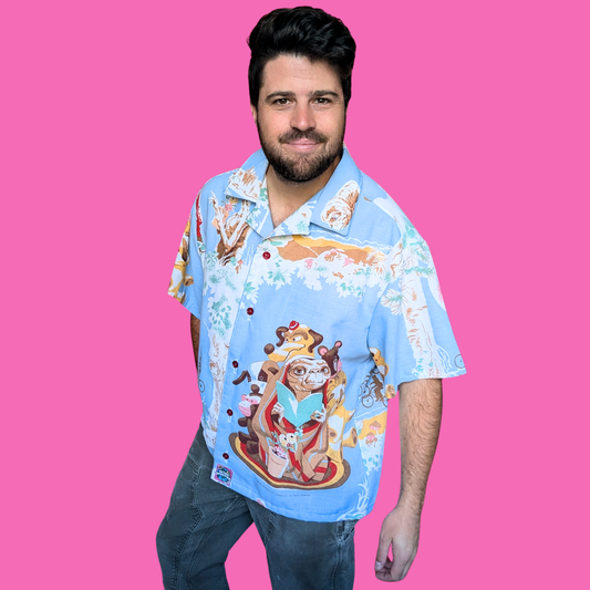 Handmade, Upcycled E.T The Extra Terrestrial Bedsheet Button Down Shirt Size XL