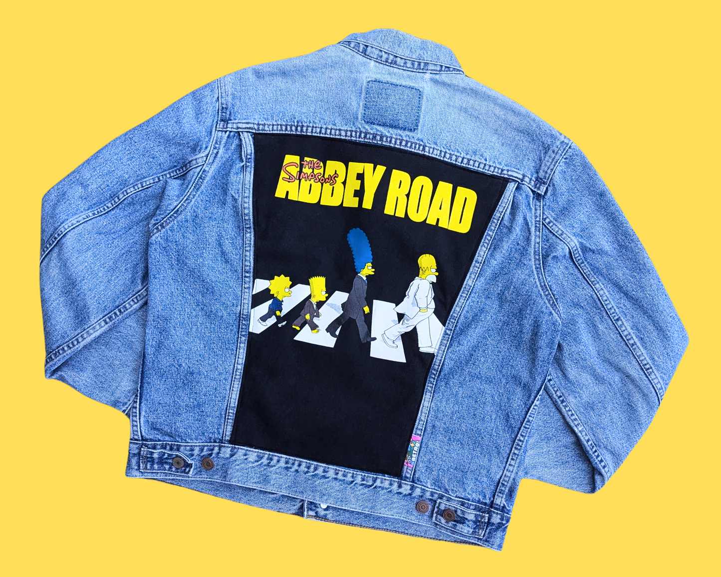 Veste en jean Levi's faite à la main et recyclée, inspirée des Simpsons et d'Abbey Road, taille M