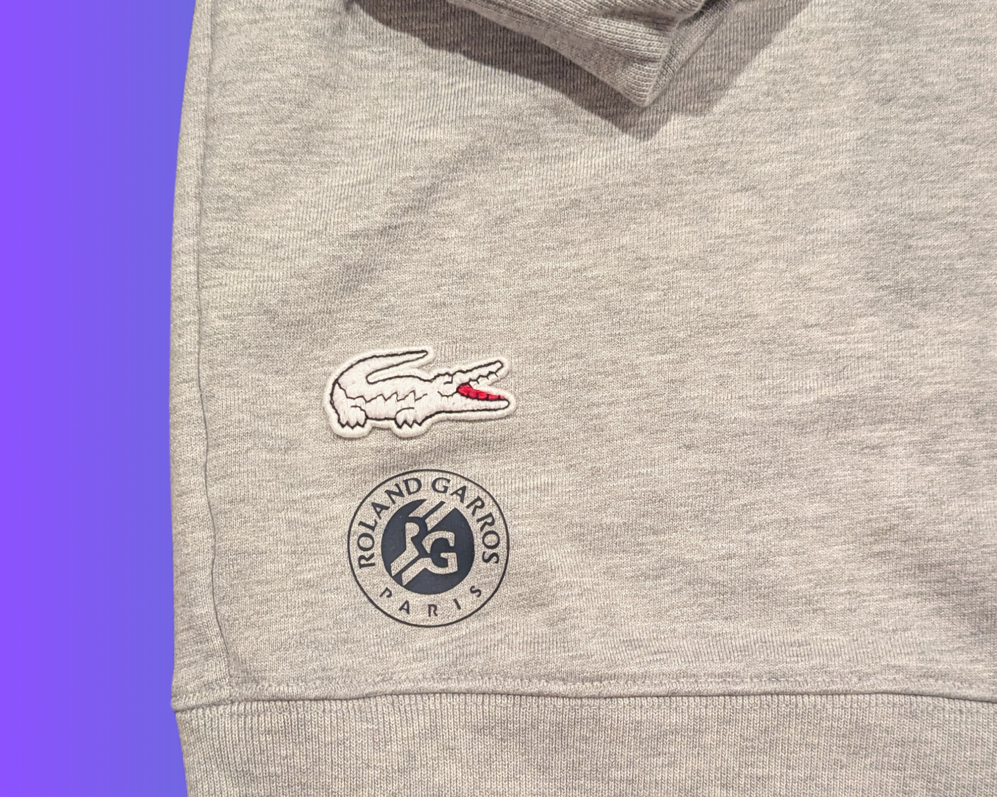 Pull ras du cou gris et blanc Lacoste Made for Roland Garros des années 2000, taille 4XL