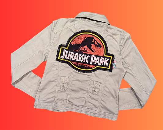 Handmade, Upcycled Gray, Jurassic Park Denim Jacket Size M