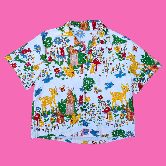 Handmade, Upcycled Vintage Enchanting Forrest Print Fabric Button Down Shirt Size XL