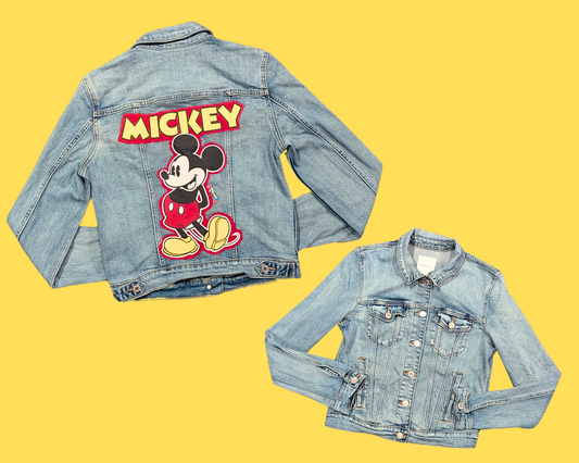 Handmade, Upcycled Denim Jacket with a Mickey Mouse T-Shirt Size M for Women