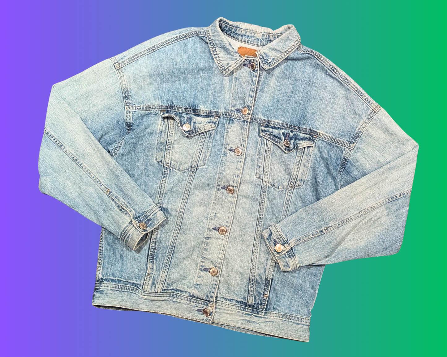 Handmade, Upcycled Japanese Design, Cat Fighting Fish, Denim Jacket Size XS