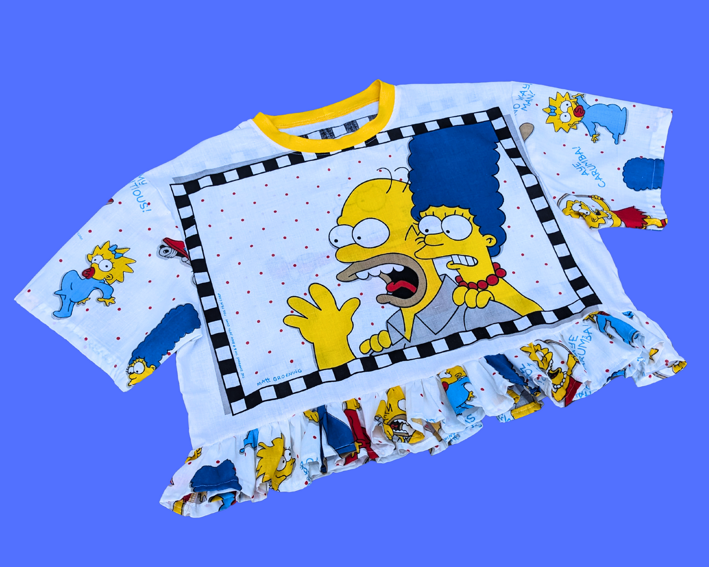 Haut court en drap de lit Les Simpson fait main et recyclé, convient aux tailles S à XL