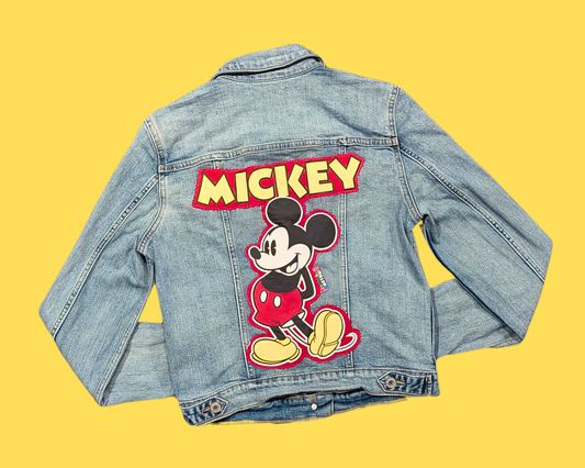 Handmade, Upcycled Denim Jacket with a Mickey Mouse T-Shirt Size M for Women