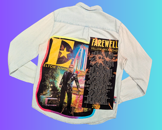 Veste/chemise de tournée Elton John Farewell Yellow Brick Road 2018, fabriquée à la main et recyclée, taille M