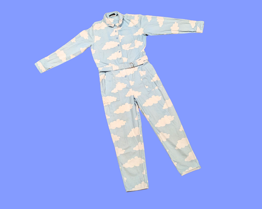 Y2K Light Blue Clouds Print Long Sleeves Jumpsuit Size S