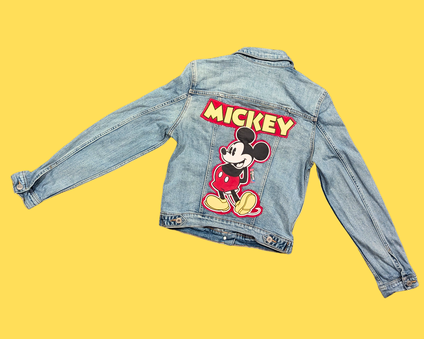 Handmade, Upcycled Denim Jacket with a Mickey Mouse T-Shirt Size M for Women