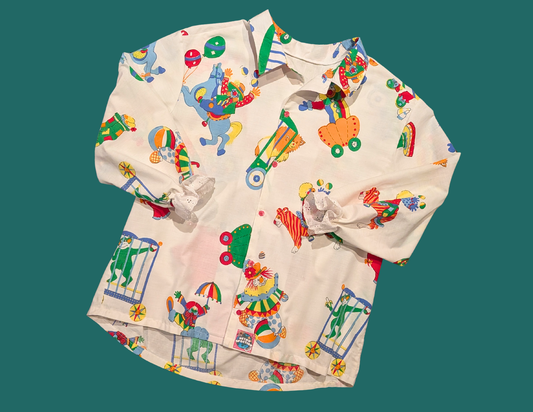 Handmade, Upcycled Vintage Clowns Bedsheet Mid-Length Sleeve Button Down T-Shirt L
