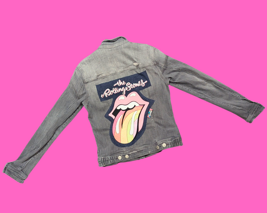 T-shirt The Rolling Stones fait main et recyclé, veste en jean gris, taille S