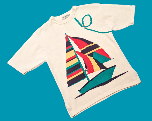 Pull vintage en tricot blanc des années 1980, voilier coloré, taille S