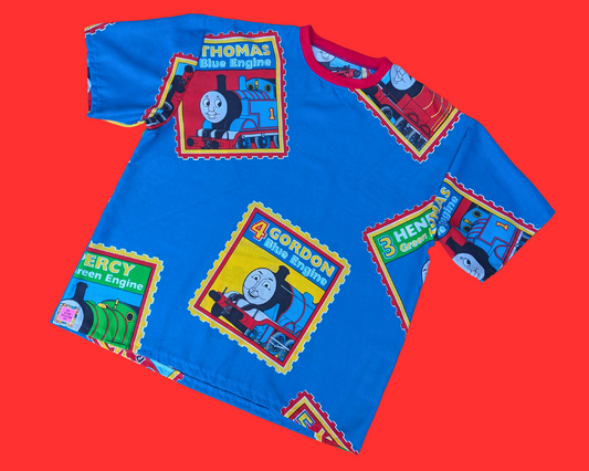 T-shirt drap de lit Thomas la locomotive bleue fait main et recyclé, taille XL