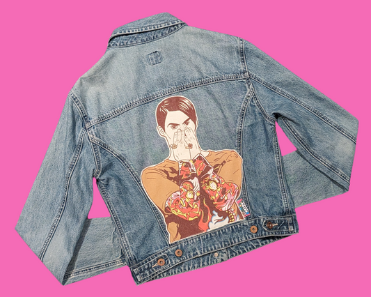Veste en jean Stefon Saturday Night Live, faite main et recyclée, taille S, pour femme