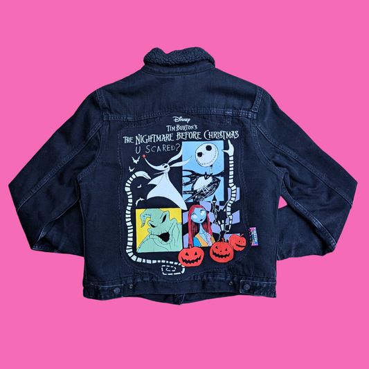 The Nightmare Before Christmas Upcycled T-Shirt Warm Denim Jacket Size M