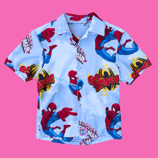 Handmade, Upcycled Spider-Man Bedsheet Button Down Shirt Size XS