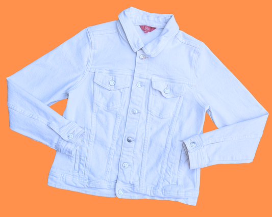 Veste en jean blanche Hello Kitty/Kiss faite main et recyclée, taille M