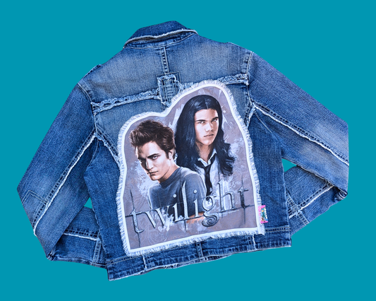 Veste en jean Twilight, Edward et Jacob, faite main et recyclée, taille M