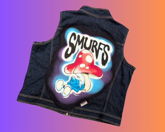 Handmade, Upcycled The Smurfs Denim Jacket/Vest Size XL