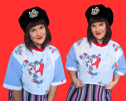 Haut court en drap de lit Les Schtroumpfs fait main et recyclé, taille S à XL