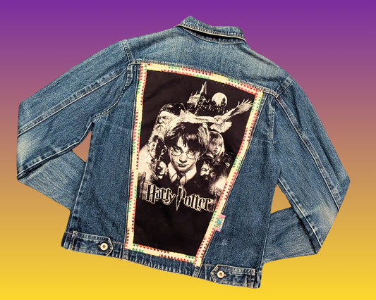 Veste en jean Harry Potter faite à la main et recyclée, taille L