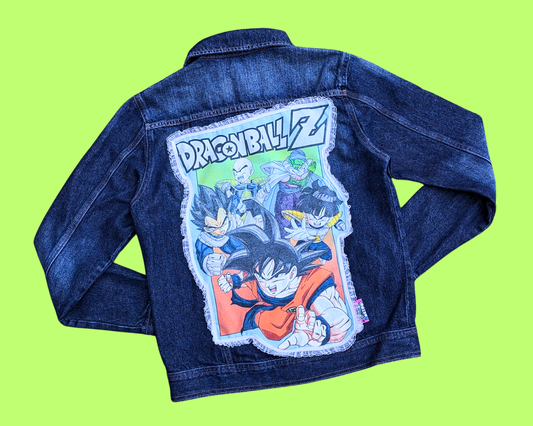 Veste en jean DragonBall Z faite main et recyclée, taille US 14-16, taille L