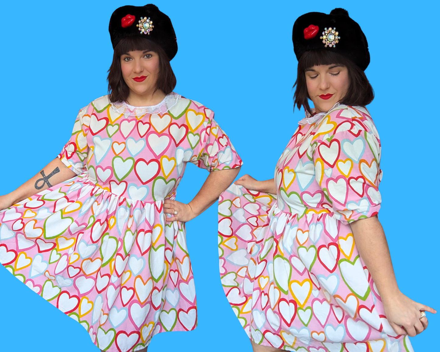 Handmade, Upcycled Vintage Rainbow Hearts Bedsheet T-Shirt Dress Fits S-M-L-XL