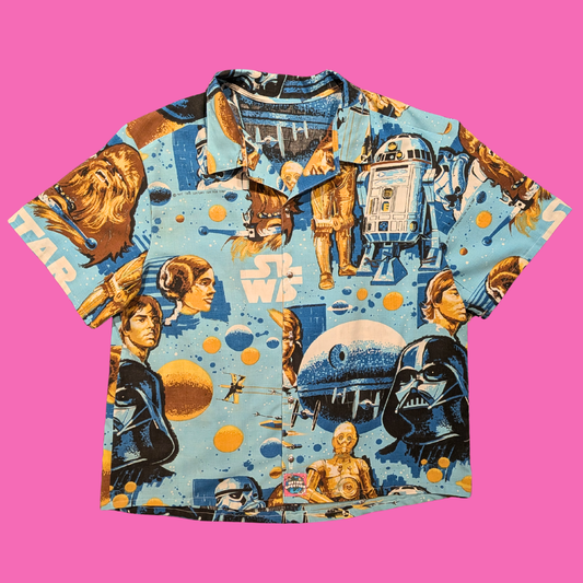 Handmade, Upcycled Vintage Star Wars Bed Sheet Short Sleeve Button Down T-Shirt L