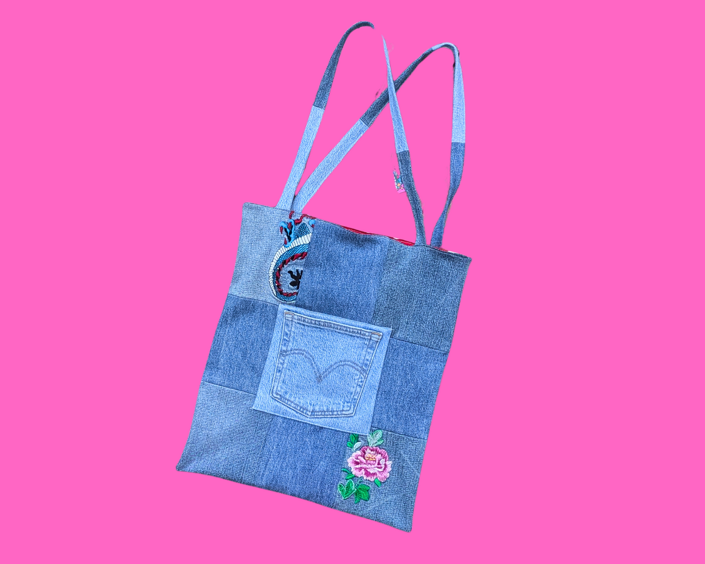 Handmade, Upcycled Embroidered Jeans Patchwork Tote Bag