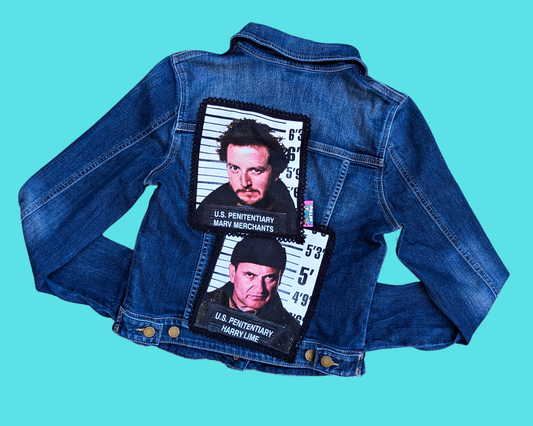 Veste en jean Harry et Marv (les bandits mouillés), fabriquée à la main et recyclée, taille S