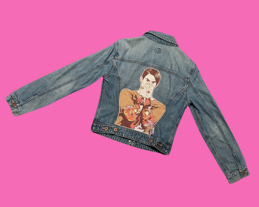 Veste en jean Stefon Saturday Night Live, faite main et recyclée, taille S, pour femme