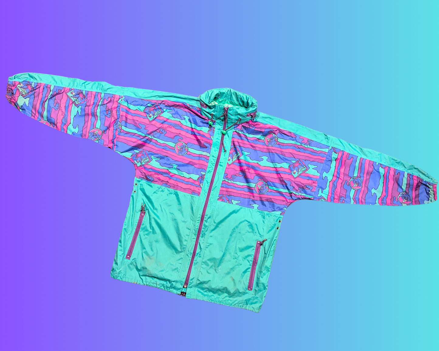Vintage 1990's Green, Pink, Blue and Purple Windbreaker Jacket by Misty Mountain Size L