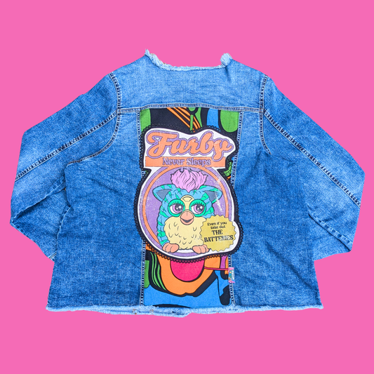 Furby ''Never Sleeps'' Upcycled T-Shirt Denim Jacket Size 2XL