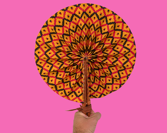 Éventail africain vintage des années 1990 en tissu et poignée en cuir