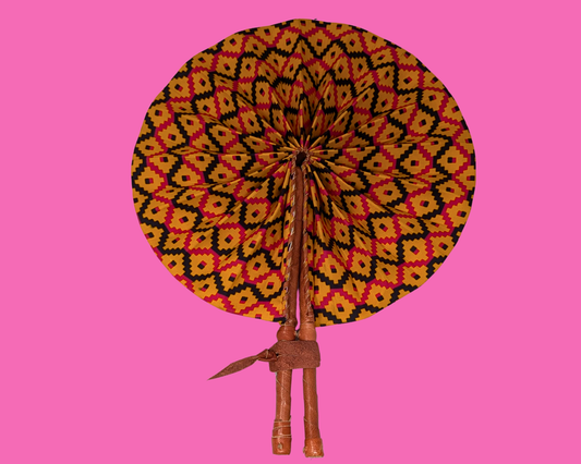 Éventail africain vintage des années 1990 en tissu et poignée en cuir