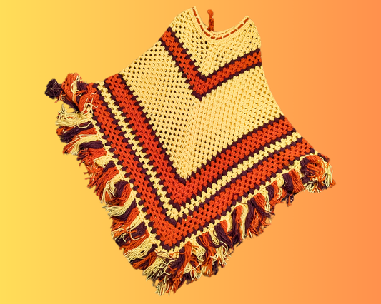 Poncho vintage des années 1970 crocheté à la main, jaune, orange et marron, taille unique