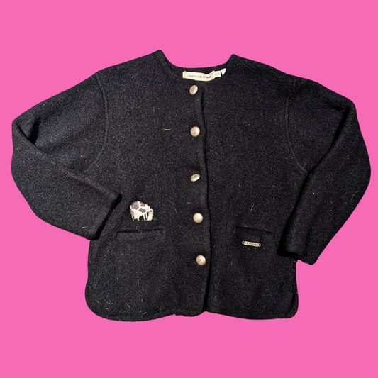Vintage 1980's Black Wool with Cow Embroidery Pieces Cardigan by Gaddy Collection Size XL (fits smaller)