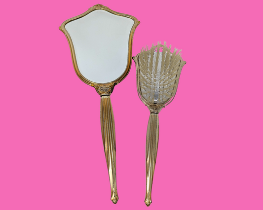 Ensemble miroir à main et brosse à cheveux vintage des années 1950