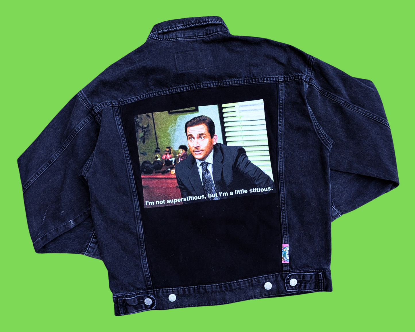 Veste en jean Michael Scott, fabriquée à la main et recyclée, taille XS (convient plutôt à une taille ML)