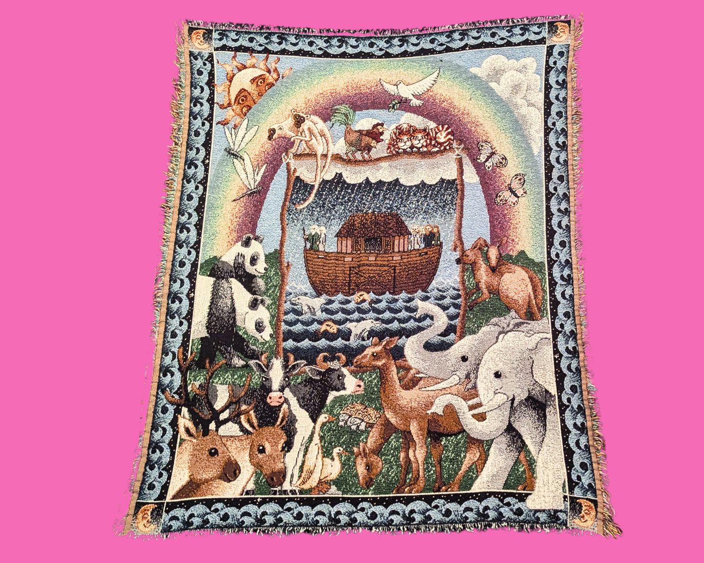 Couverture en tapisserie vintage des années 1990, jeté en tricot tissé de l'Arche de Noé