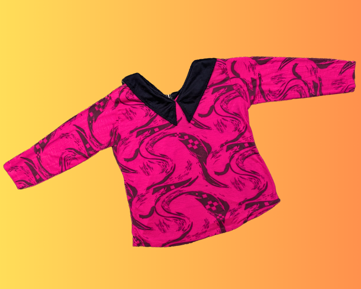 Vintage 1980's Warm Pink, Black Collar, Mid-Sleeves Shirt Size S